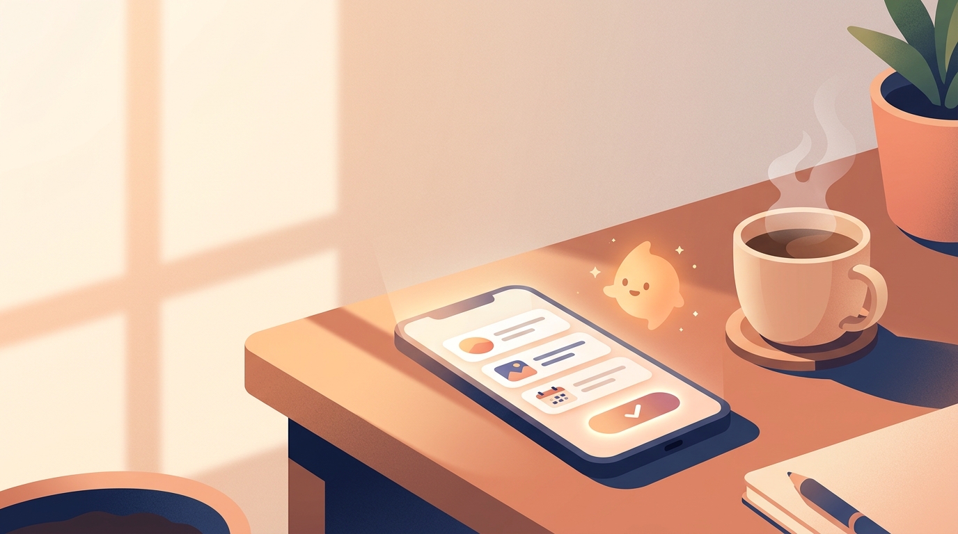 Smartphone showing the Claude Duet morning brief with an approve button beside a coffee cup on a sunlit desk